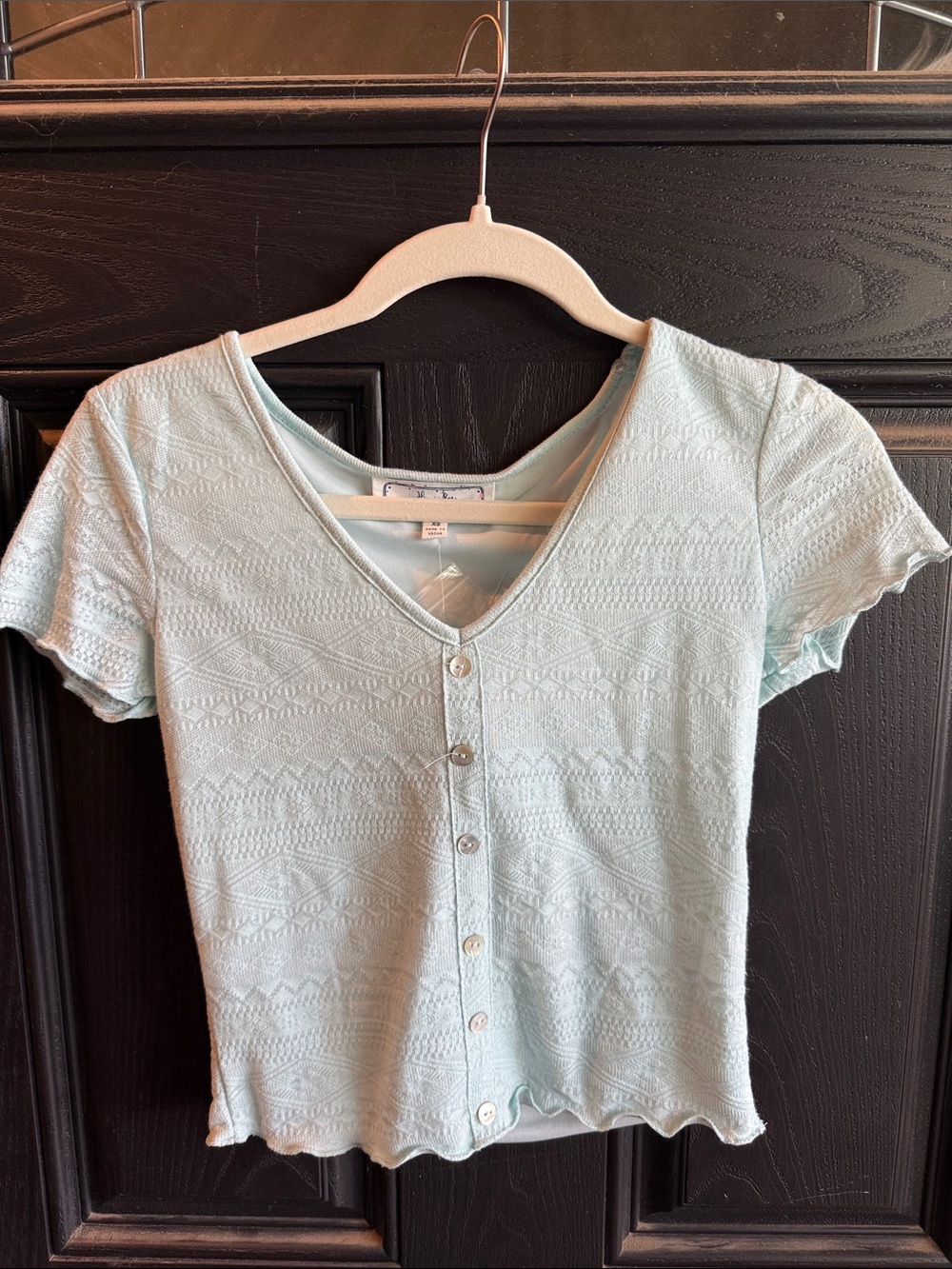 Hippie Rose Mint Blue V-Neck Button Front Short Sleeve Top